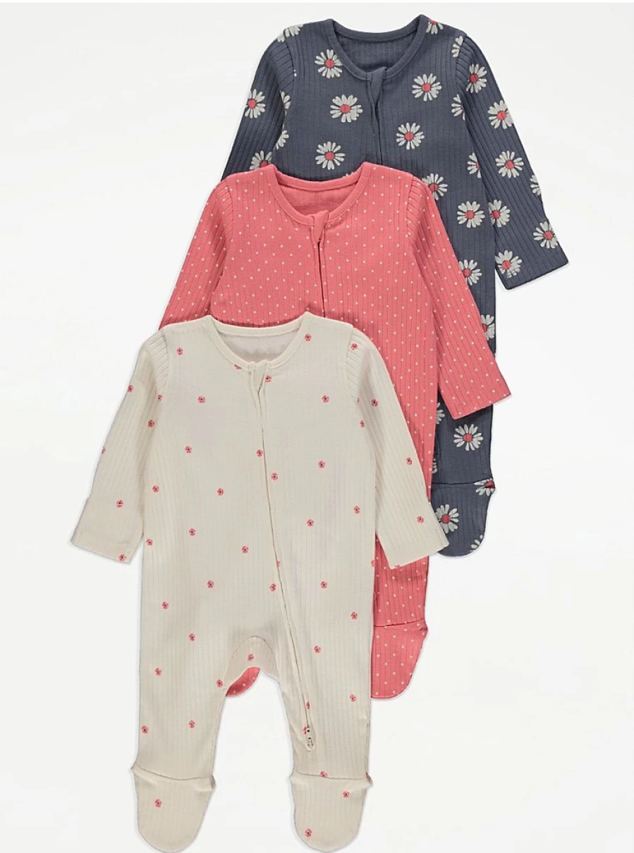 George at Asda Baby Girls' Daisy Print Ribbed Sleepsuits 3-Pack with 2-Way Zip Fastening – Soft Cotton Pajama Set