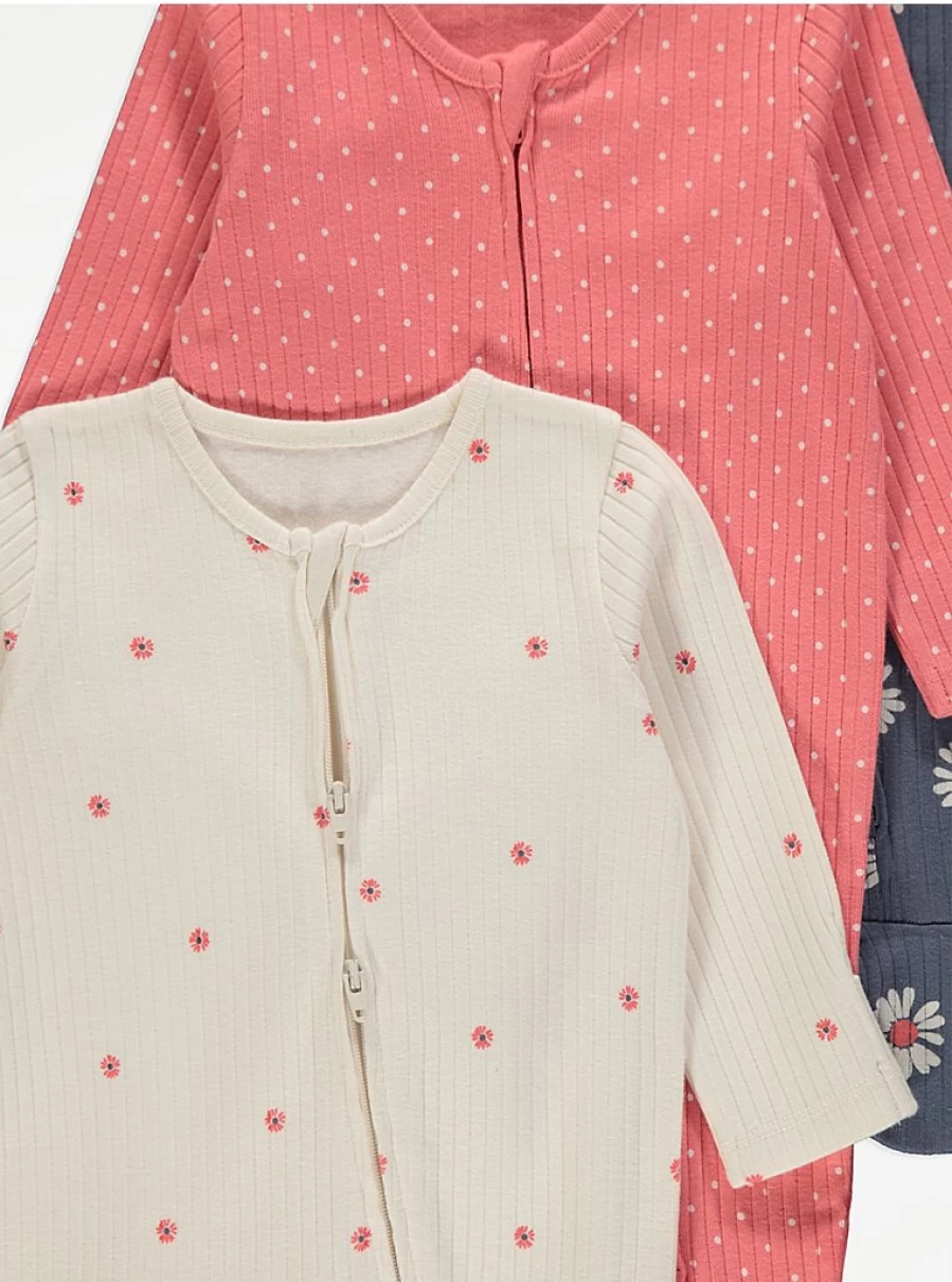 George at Asda Baby Girls' Daisy Print Ribbed Sleepsuits 3-Pack with 2-Way Zip Fastening – Soft Cotton Pajama Set
