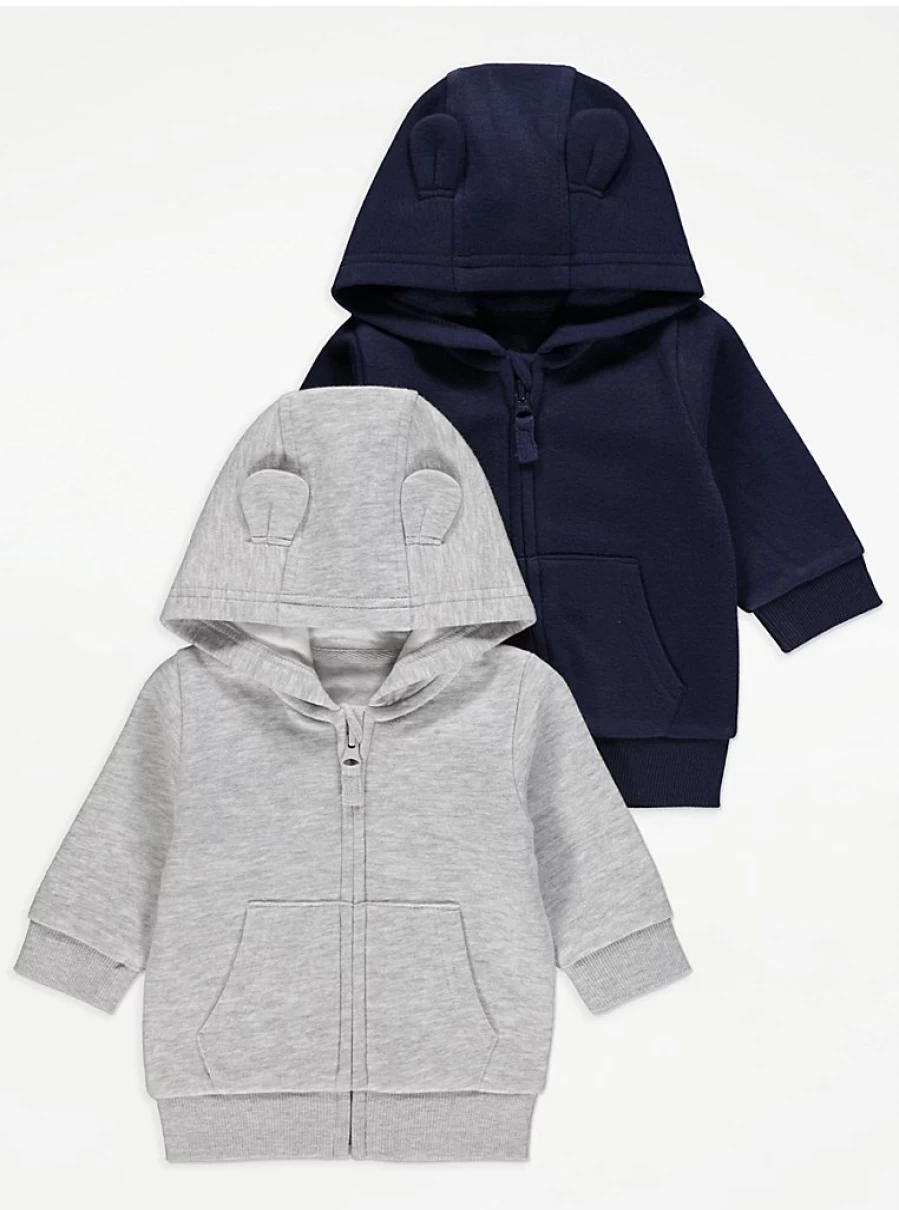 "George at Asda Baby Zip-Up Hooded Sweatshirts 2-Pack | Soft Fleece Ear Hoodies for Infants"