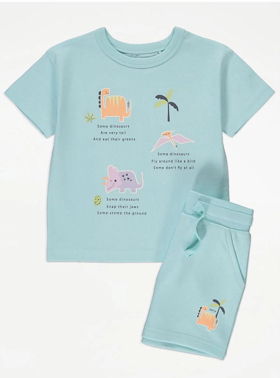 "George at Asda Boys Light Blue Dinosaur Print T-Shirt and Shorts Set – Kids Outfit Review"