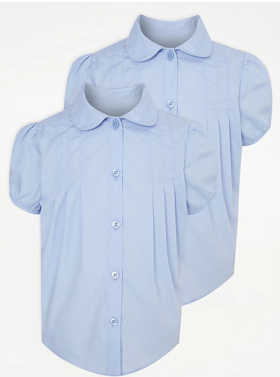 "George at Asda Girls' Light Blue Pintuck School Blouses 2-Pack – Comfortable & Stylish Uniform Tops"