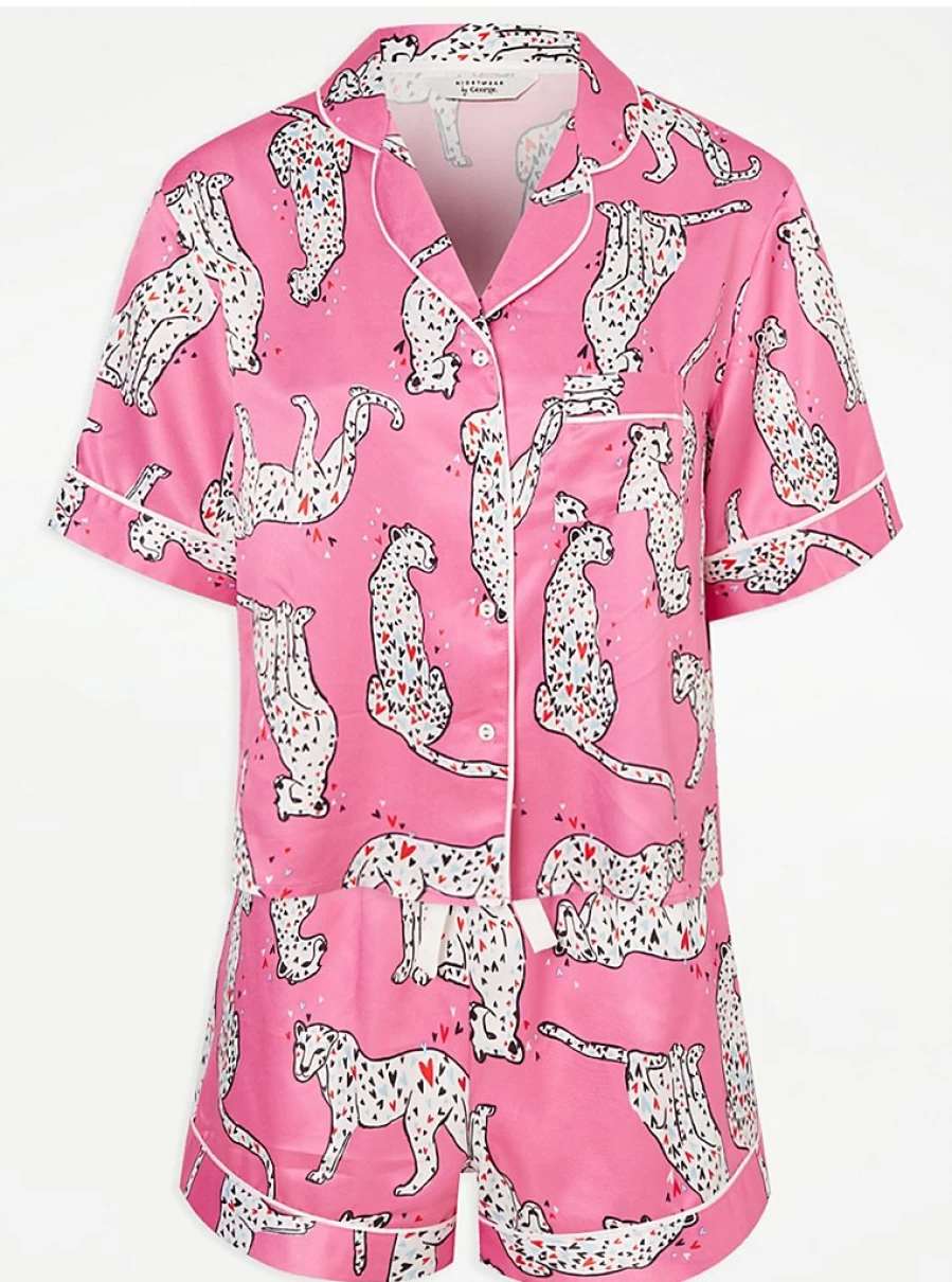 "George at Asda Pink Leopard Print Satin Pajama Set - Women's Lingerie & Sleepwear"