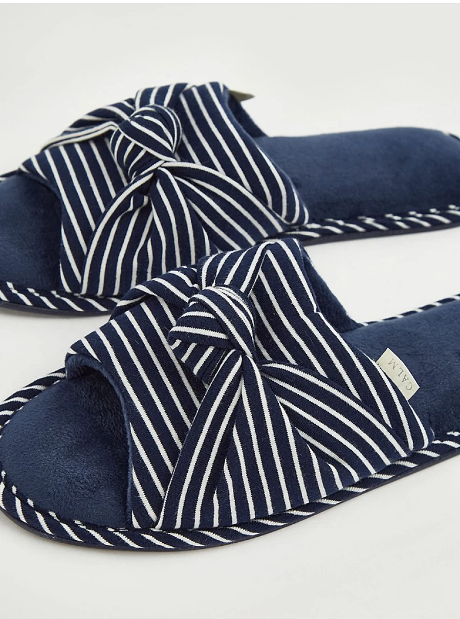 Navy Striped Knot Front Slide Slippers by George at Asda | Comfortable Lingerie Lounge Slippers