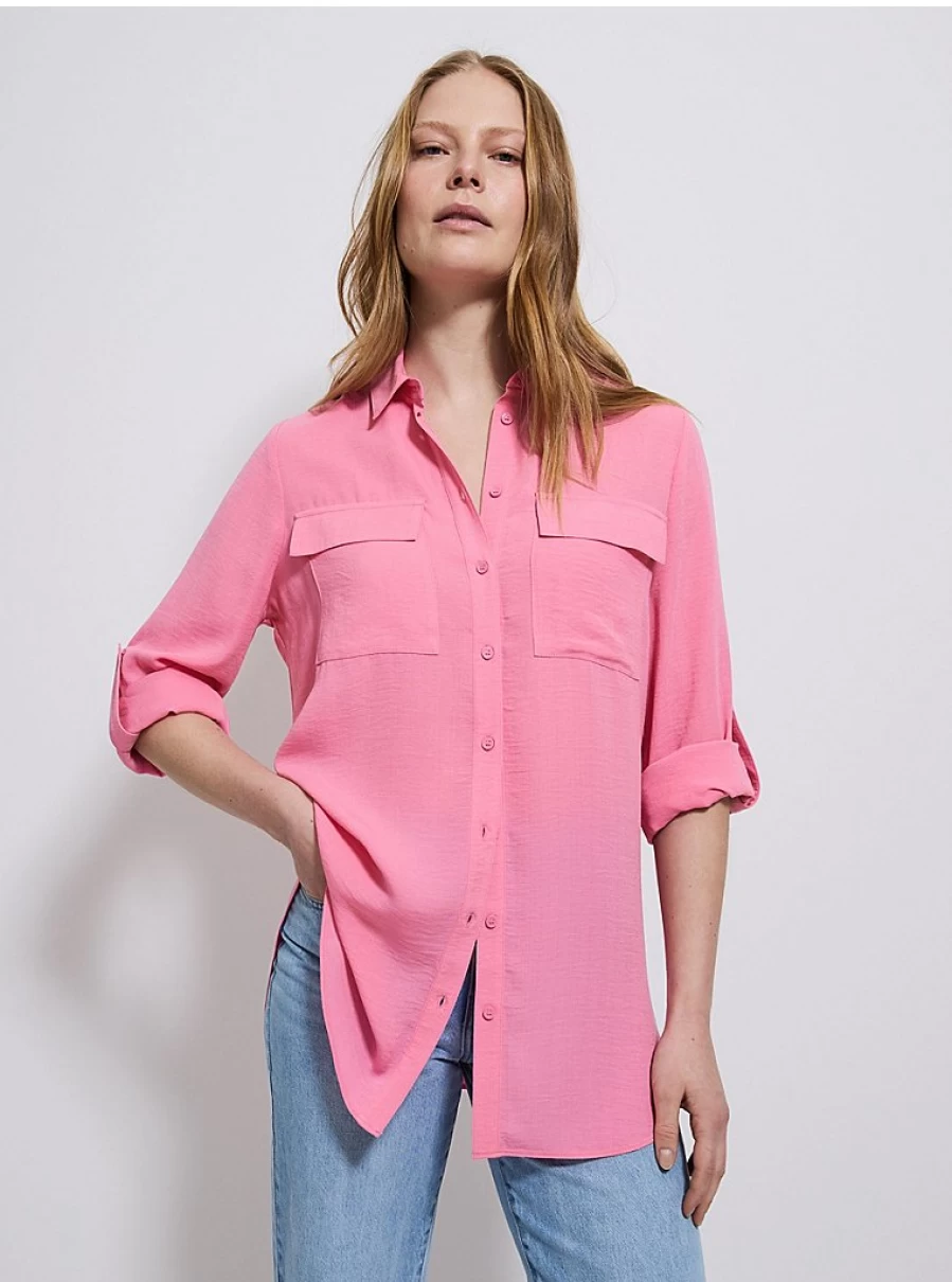 Women's Pink Longline Utility Shirt with Roll-Up Sleeves | George at Asda