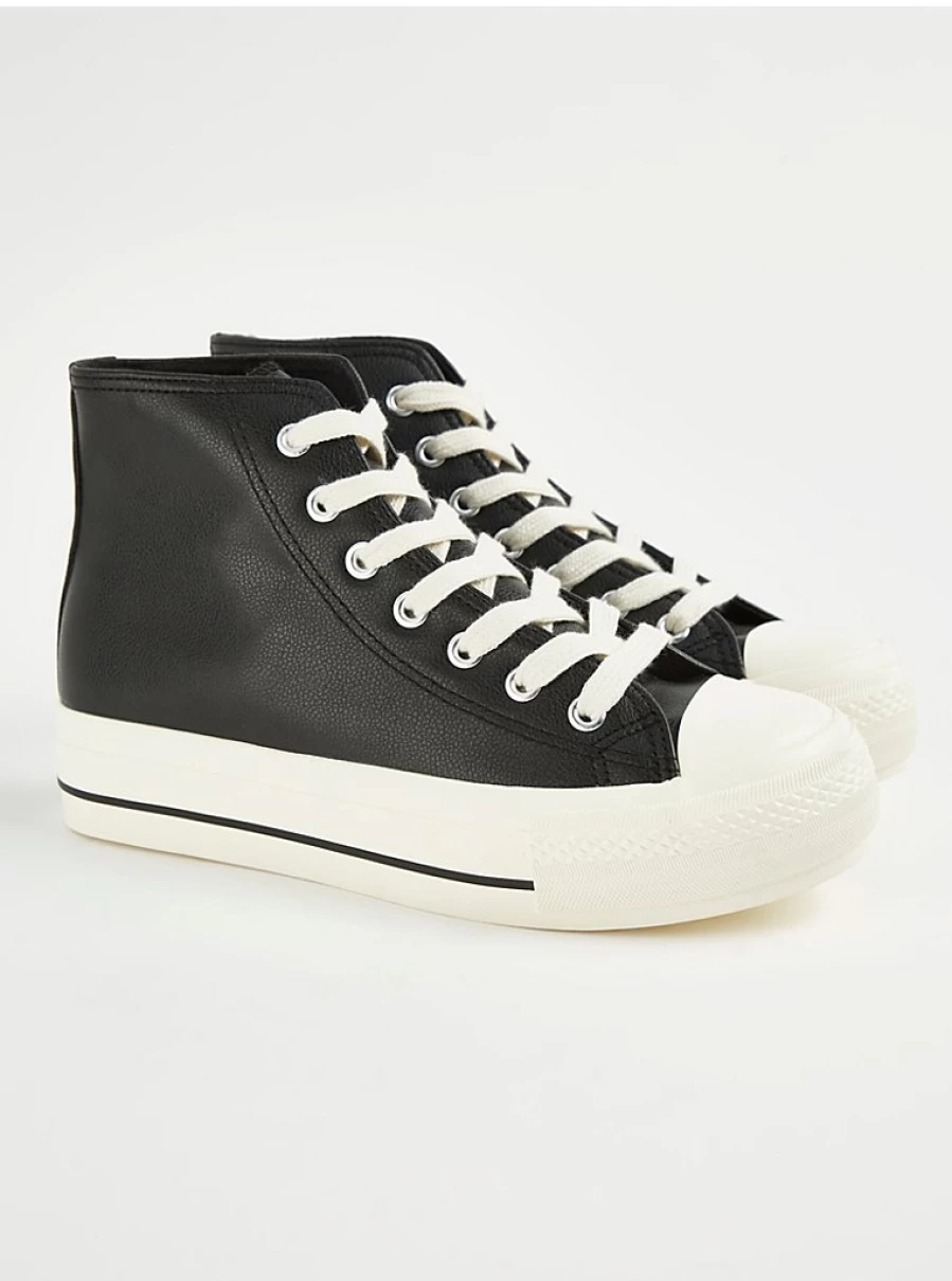Women's Black Faux Leather High-Top Sneakers with Curved Sole | George at Asda