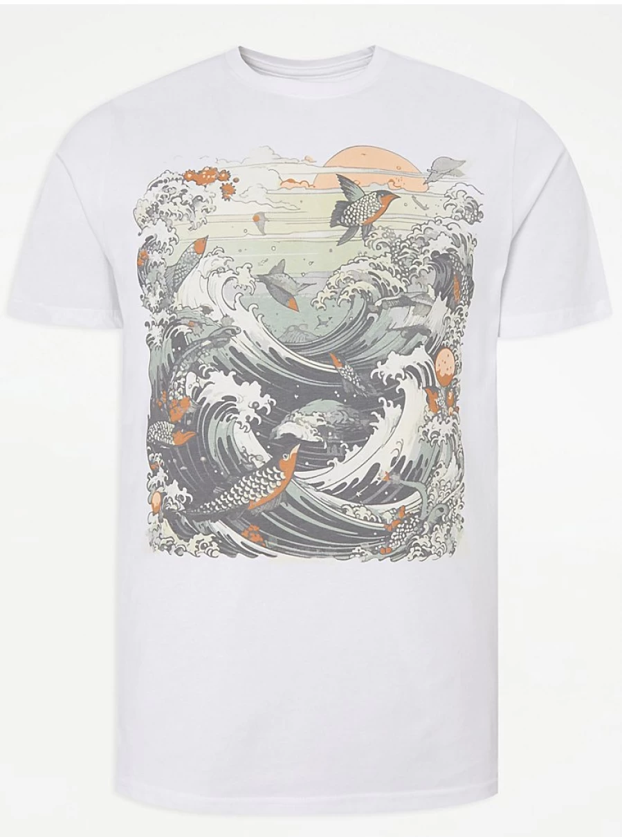 "George at Asda Men's White Waves Art Graphic T-Shirt | Stylish Casual Tee"