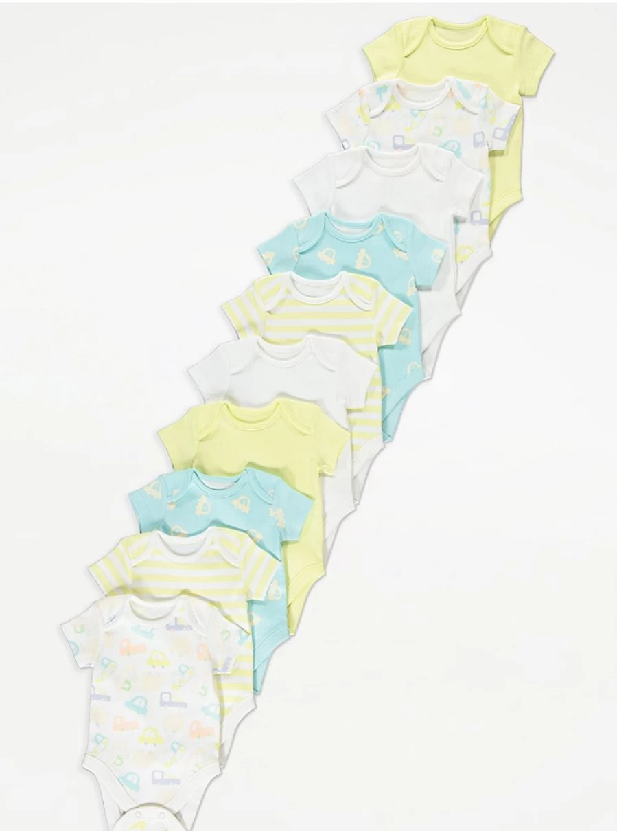 "George at Asda Baby Assorted Vehicle Print Short Sleeve Bodysuits 10-Pack"