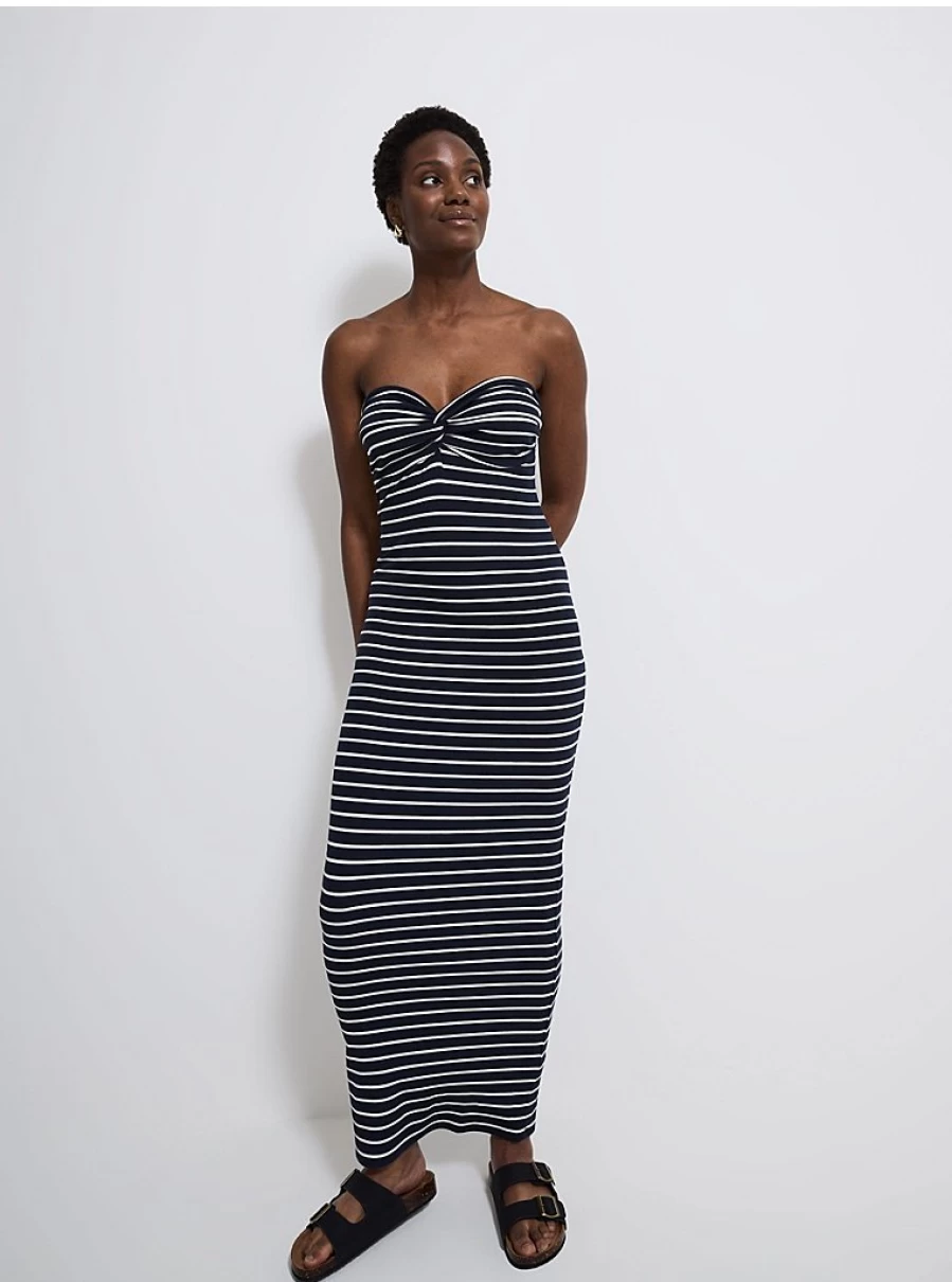 "Navy Blue Striped Twist Front Bandeau Midi Dress for Women | George at Asda Collection"