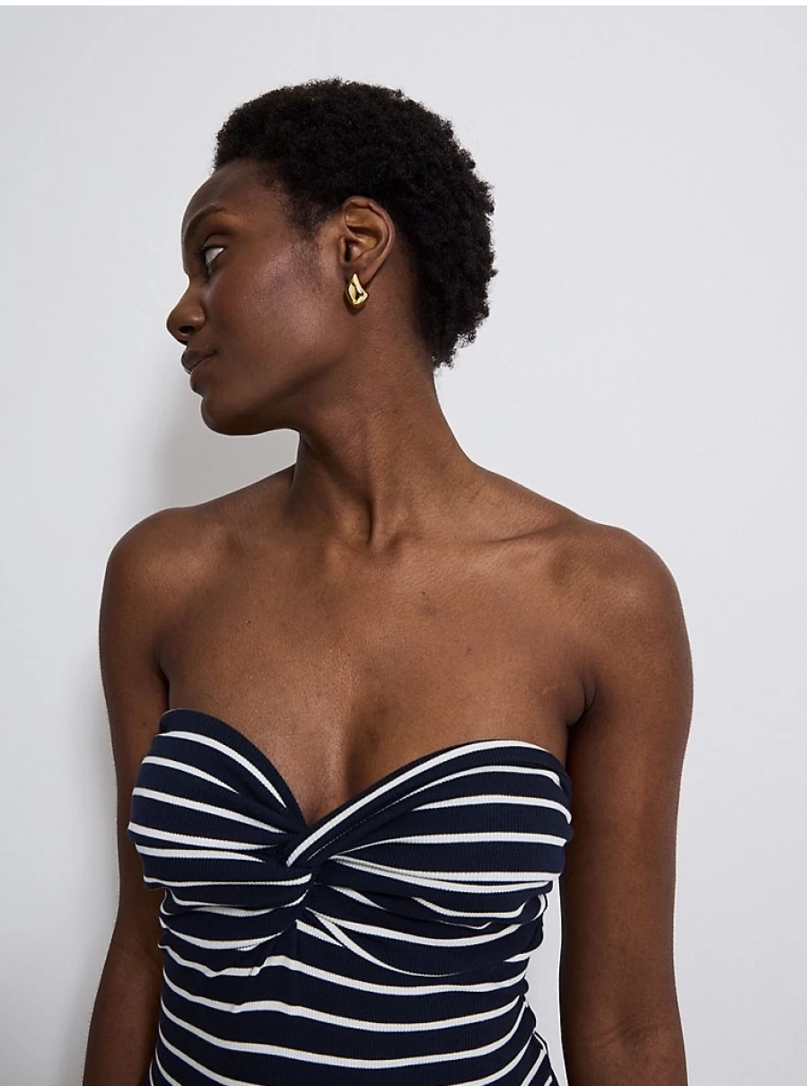 "Navy Blue Striped Twist Front Bandeau Midi Dress for Women | George at Asda Collection"