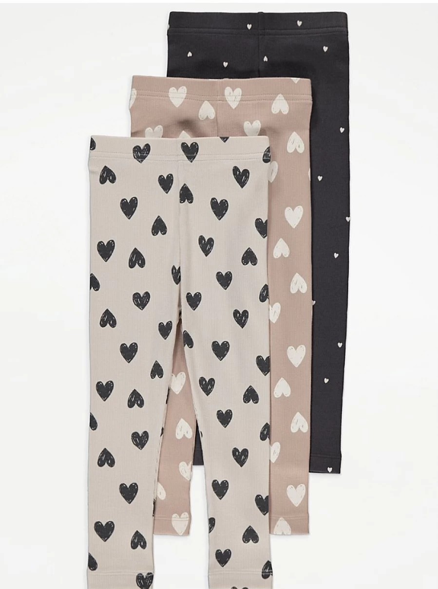 "George at Asda Kids' Heart Ribbed Leggings 3-Pack | Comfortable & Stylish"