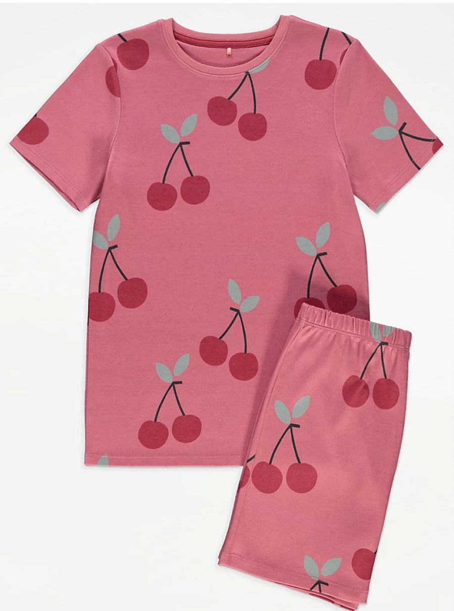"George at Asda Kids Dusty Pink Cherry Print Short Pyjamas – Comfortable & Cute Sleepwear"