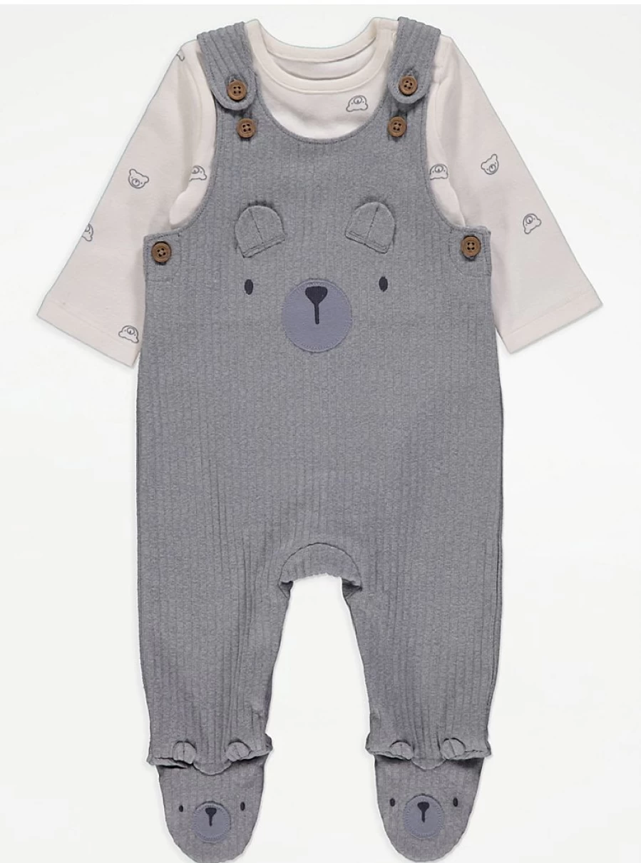 "George at Asda Boys' Blue Ribbed Bear Dungarees and Bodysuit Outfit – Cute Baby Set"