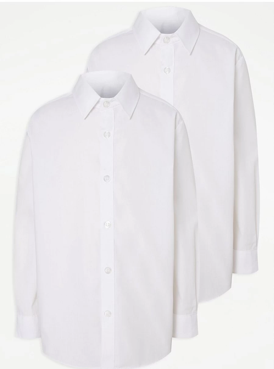 "George at Asda Boys' Plus Fit Long Sleeve White School Shirts 2-Pack – Comfort & Quality"