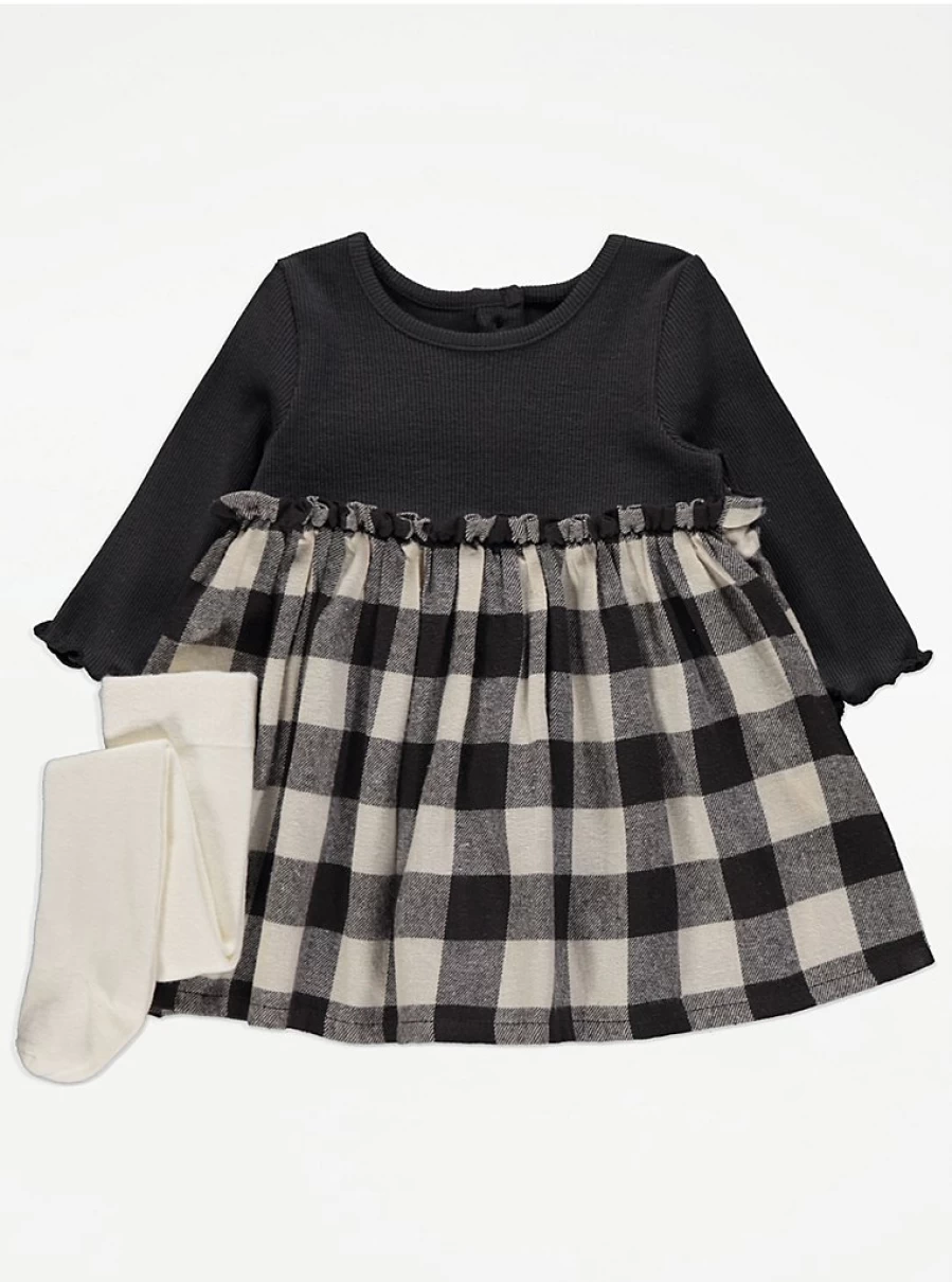 "George at Asda Baby Grey Checked Long Sleeve Dress with Tights Outfit – Reviews & Style Guide"
