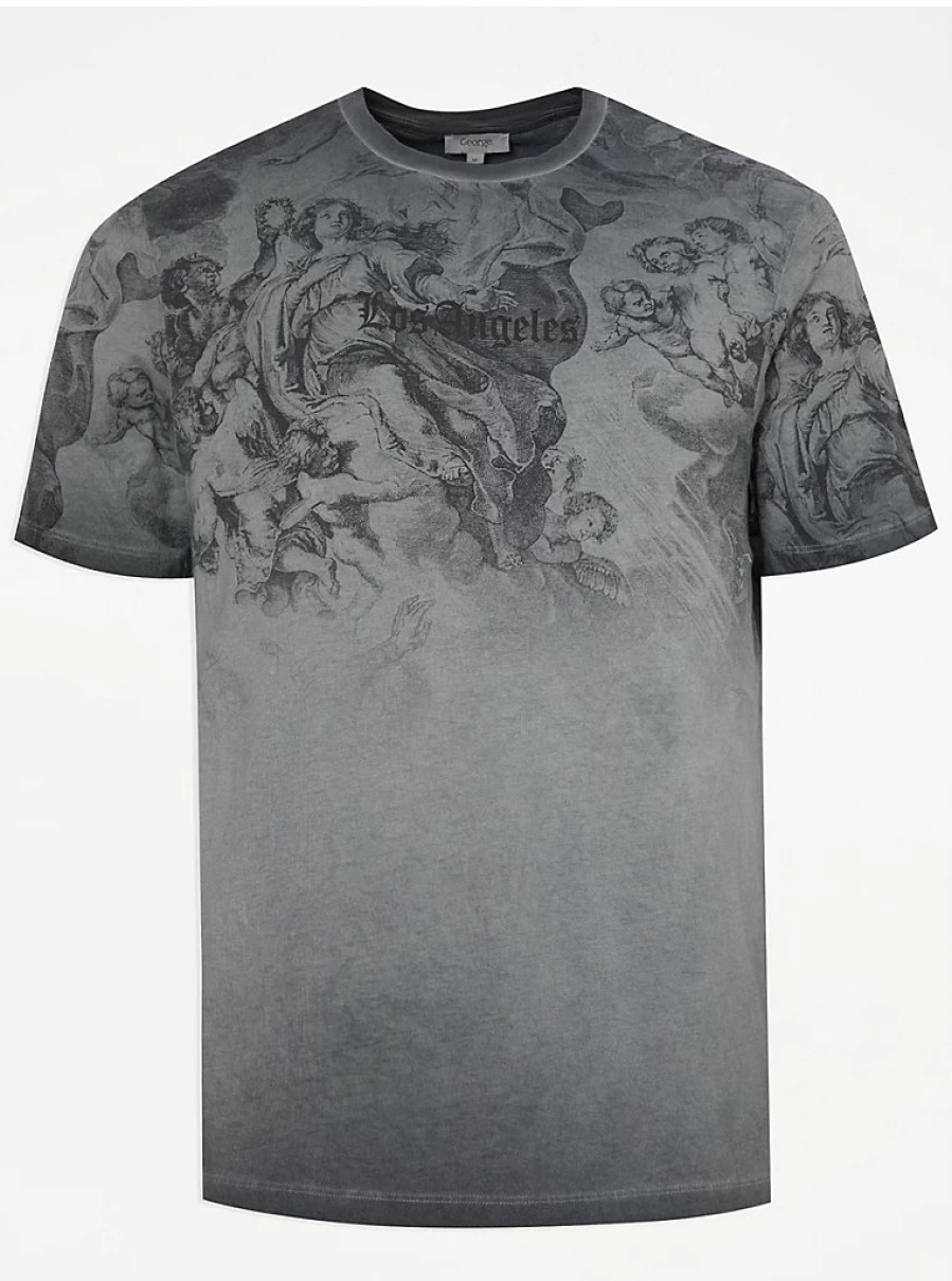 George at Asda Men's Grey Angels Los Angeles Distressed Oil Wash Vintage T-Shirt