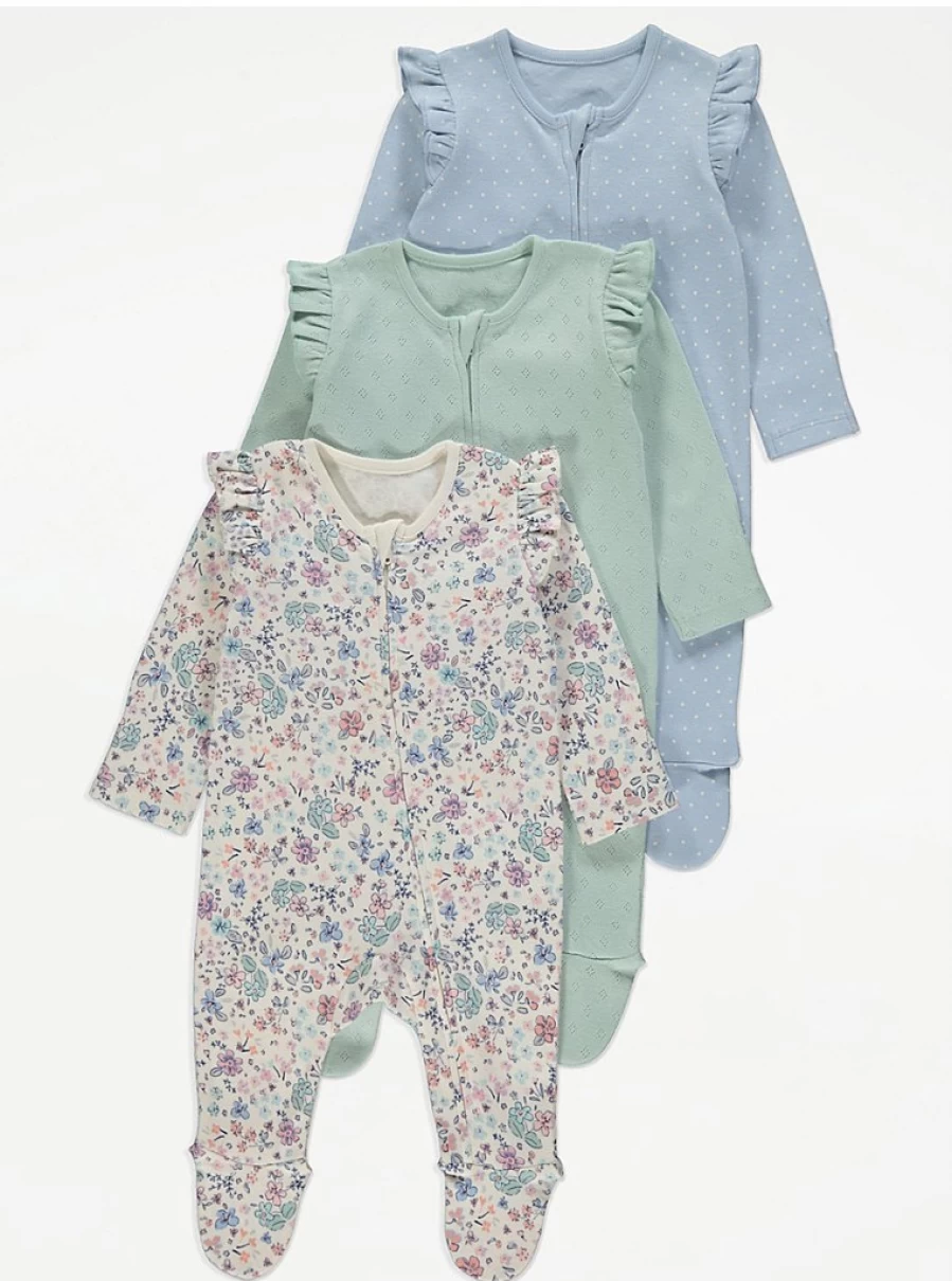 "George at Asda Baby Frill Sleeve Zip-Up Sleepsuits 3-Pack | Soft Pajama Set for Infants"