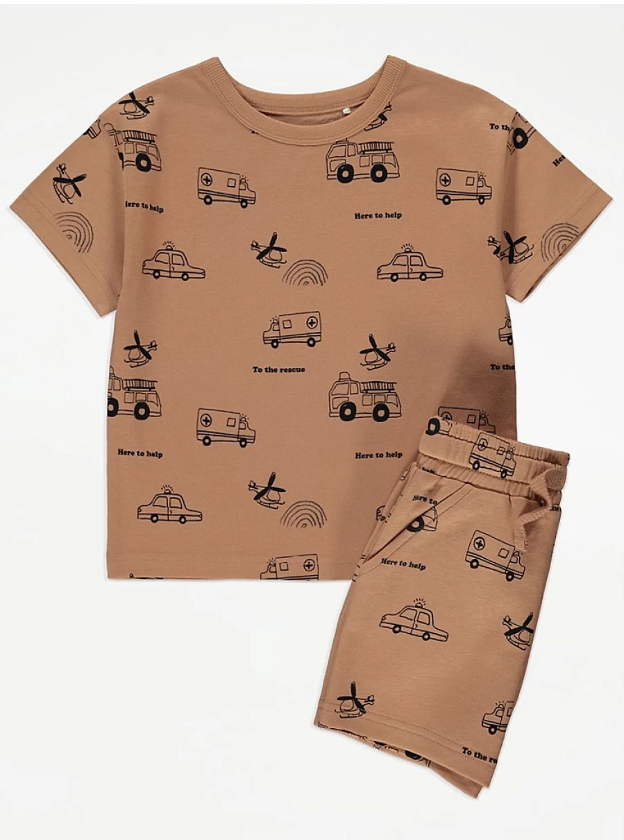 "George at Asda Boys' Tan Emergency Vehicle Printed T-Shirt & Shorts Set - Kids' Outfit Review"