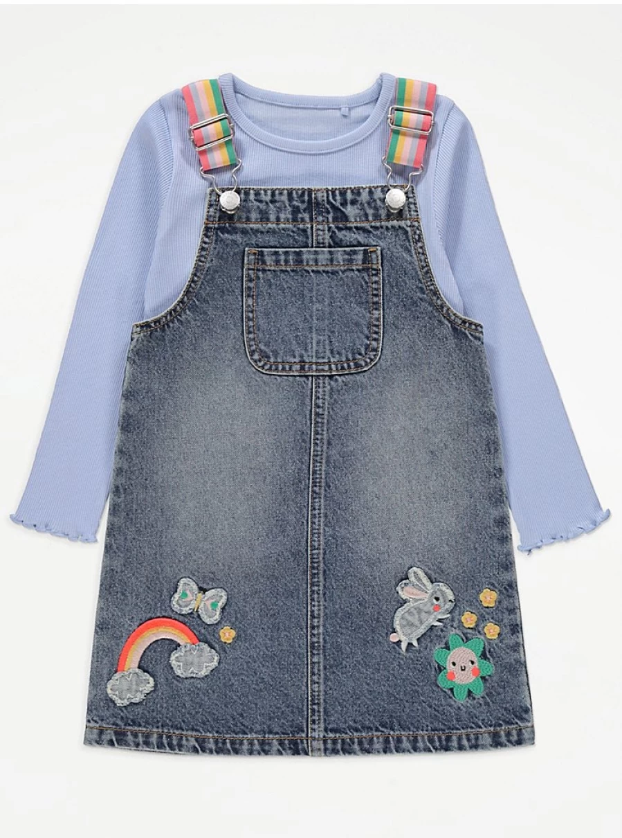 "George at Asda Kids Denim Pinafore Dress with Striped Long Sleeve Top Outfit"