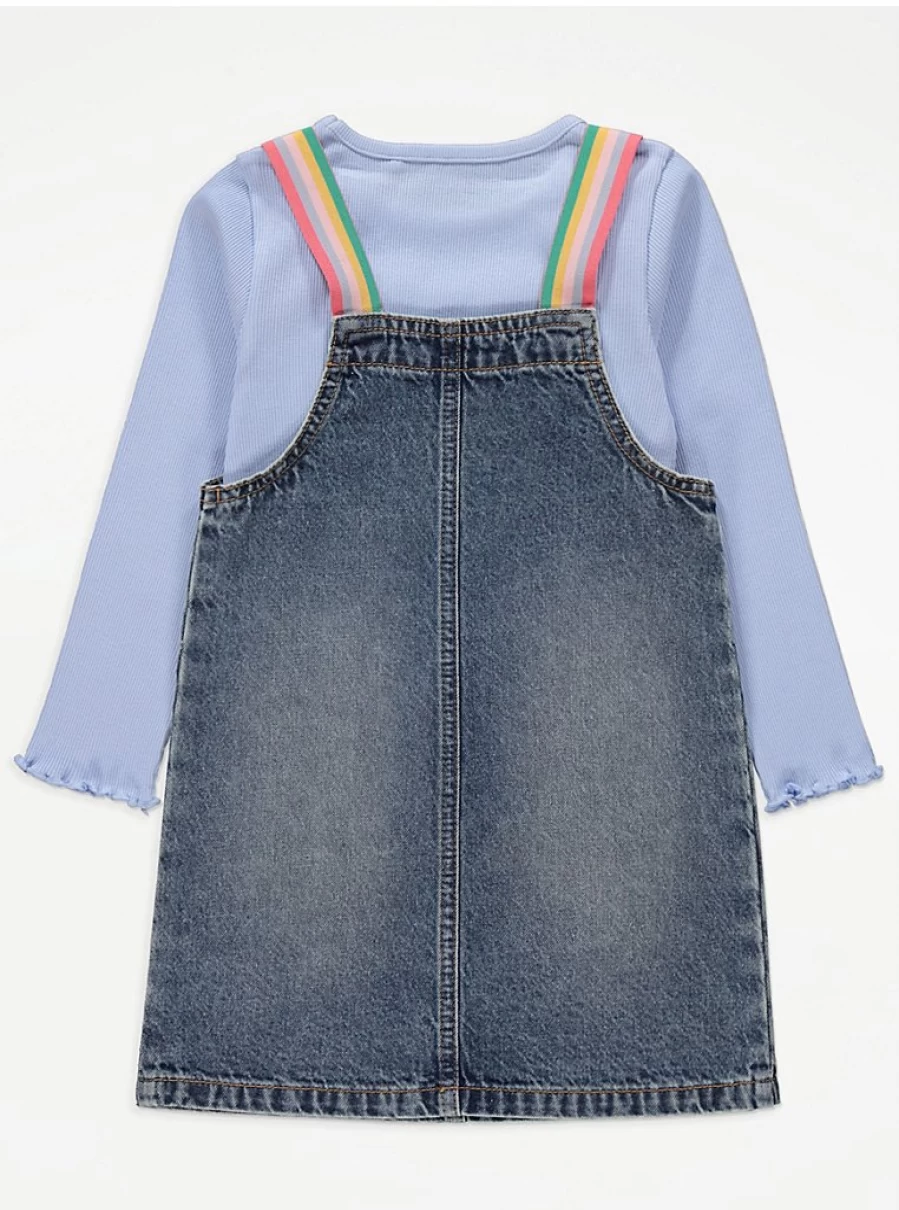"George at Asda Kids Denim Pinafore Dress with Striped Long Sleeve Top Outfit"