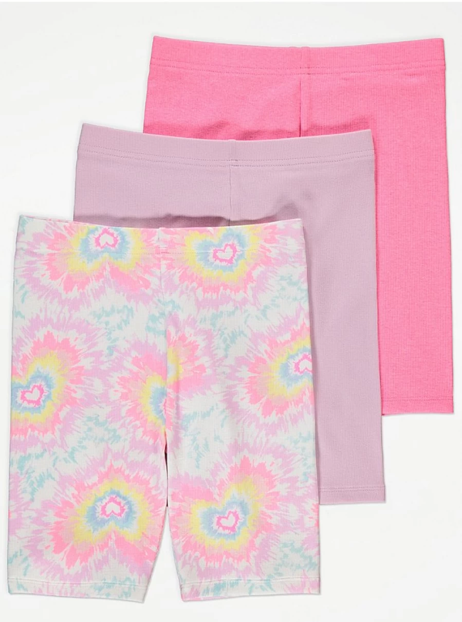 Girls' Pink Heart Tie-Dye Ribbed Bike Shorts 3-Pack | George at Asda | Comfort & Style for Kids
