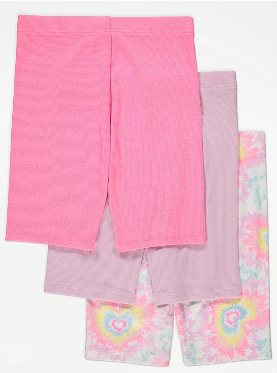 Girls' Pink Heart Tie-Dye Ribbed Bike Shorts 3-Pack | George at Asda | Comfort & Style for Kids
