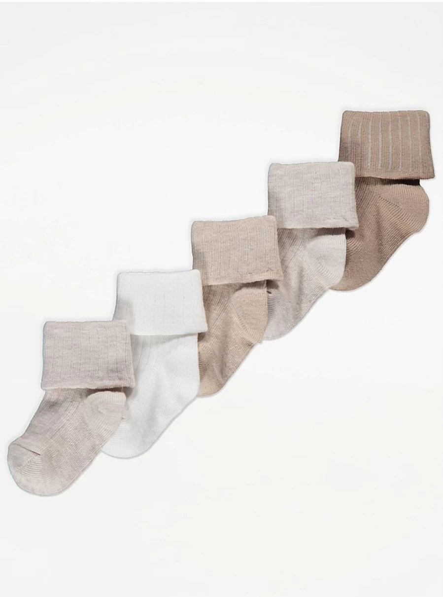 "George at Asda Baby Neutral Ribbed Fold-Over Socks 5-Pack | Soft & Stretchy Newborn Essentials"