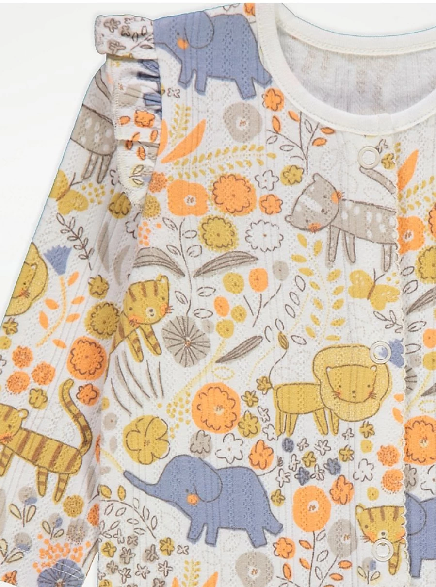 George at Asda Baby Safari Frill 3-Pack Long Sleeve Sleepsuits - Soft Cotton Sleepwear Set