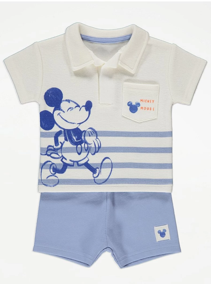 George at Asda Boys' Mickey Mouse Striped Shirt and Shorts Set – Disney Baby Outfit
