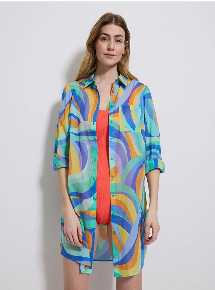 "George at Asda Women's Blue Abstract Lightweight Cotton Beach Shirt – Comfortable & Stylish Summer Top"