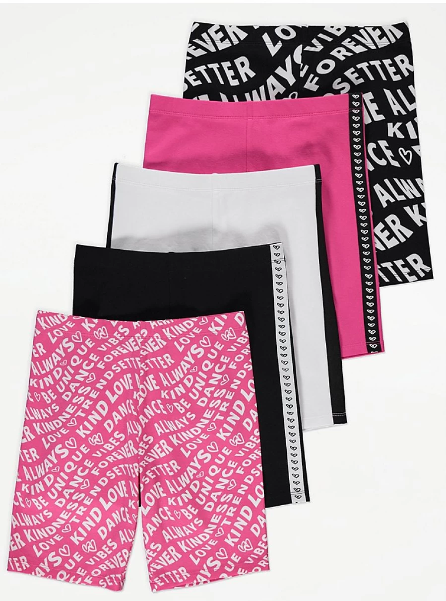"George at Asda Girls' Love Always Slogan Cycling Shorts 5-Pack | Comfortable & Stylish Activewear"