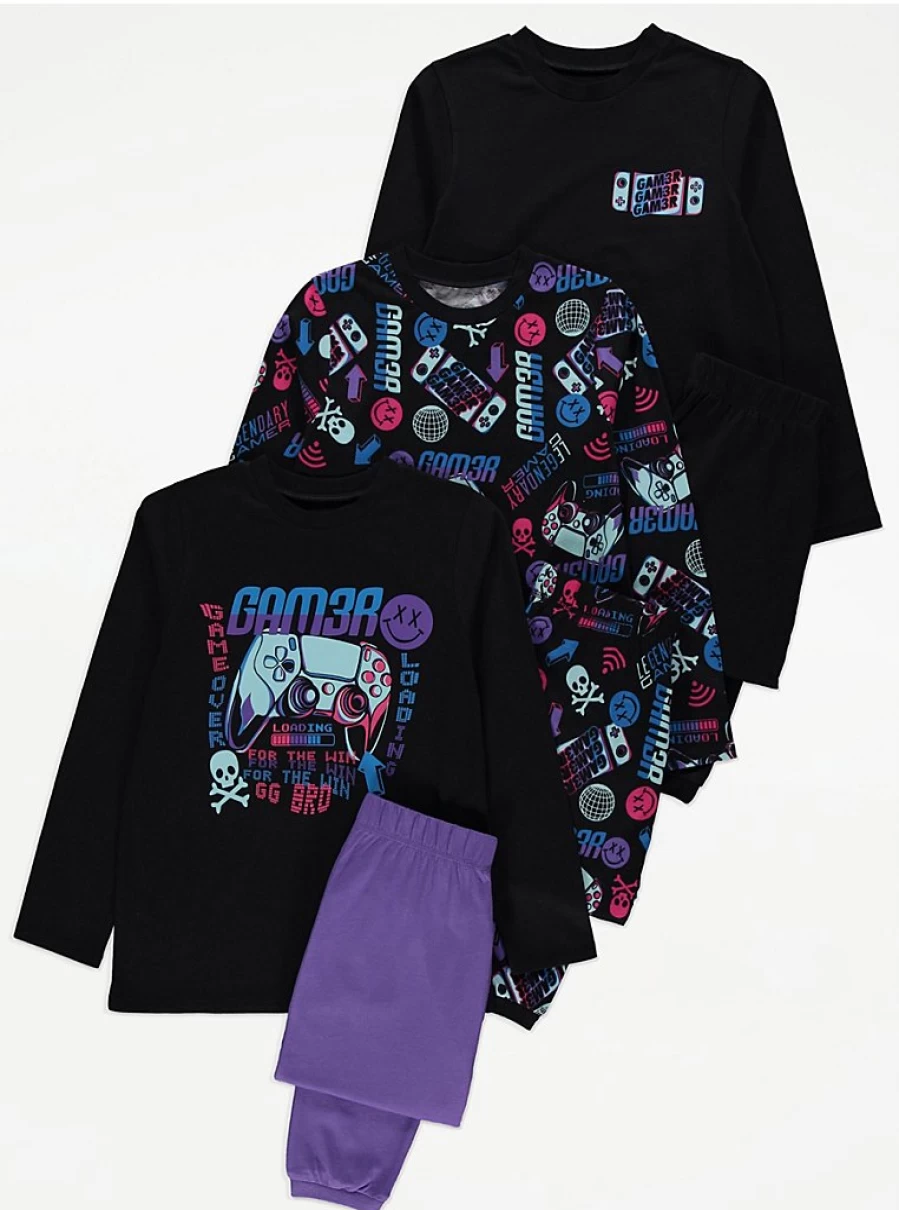 "George at Asda Boys Black Gaming Skull Pajama Set - 3 Pack Sleepwear for Kids"