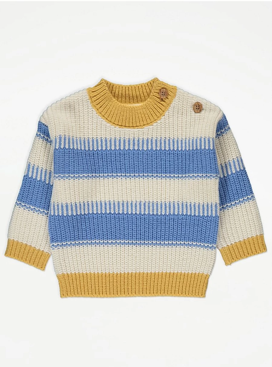 "George at Asda Boys' Cream and Blue Chunky Stripe Knit Jumper – Soft Comfortable Baby Sweater Review"