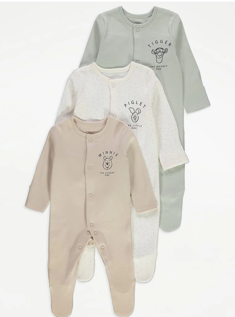 George at Asda Baby Winnie The Pooh 3-Pack Neutral Sleepsuits | Disney-Inspired Comfort Wear