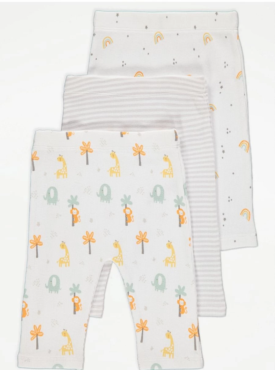 "George at Asda Baby White Safari Animal Print Ribbed Leggings 3-Pack"