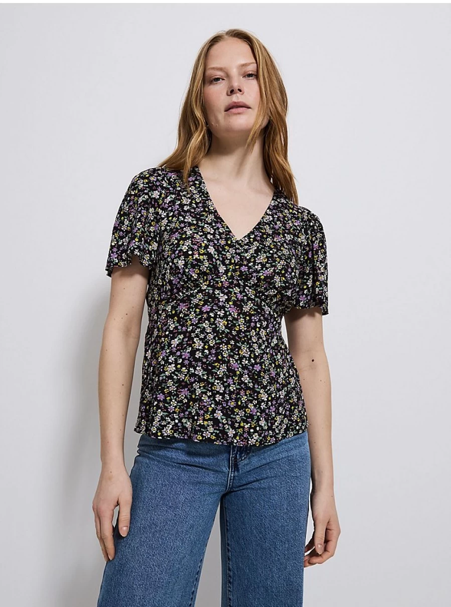 "George at Asda Women's Black Floral V-Neck Angel Sleeve Blouse | Stylish & Comfortable Top"