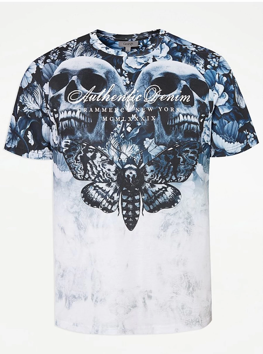"George at Asda Men's Blue Moth and Skull Graphic T-Shirt | Authentic Design"