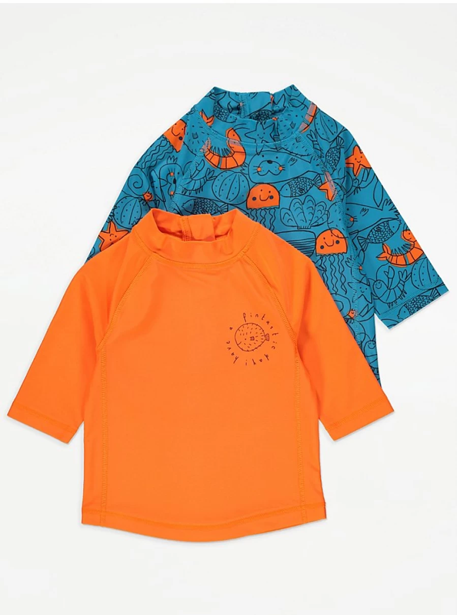 "George at Asda Boys' Orange Underwater Animal Swim Rash Guards 2-Pack – Kids UV Protection Shirts"