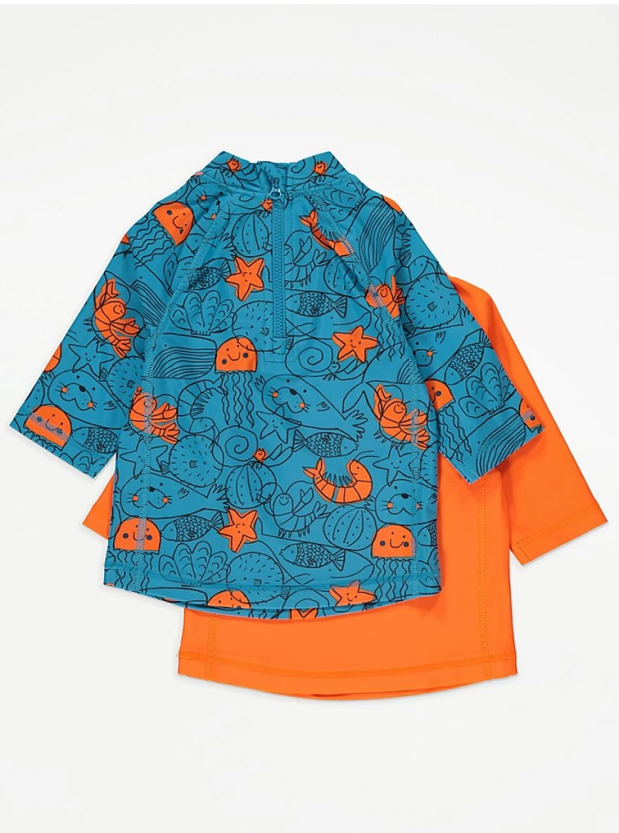 "George at Asda Boys' Orange Underwater Animal Swim Rash Guards 2-Pack – Kids UV Protection Shirts"