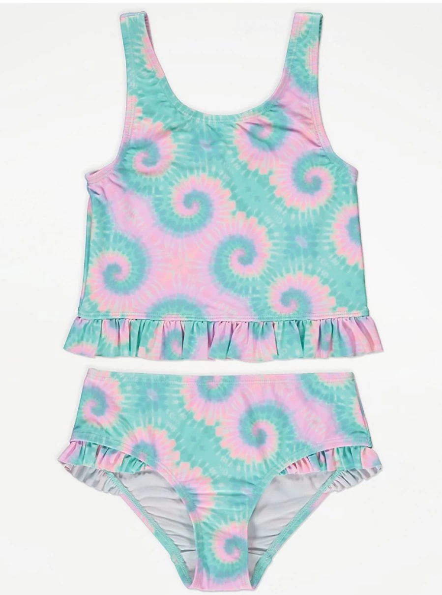 "Girls' Aqua Swirl Tie-Dye Frill Tankini Swimsuit | George at Asda"