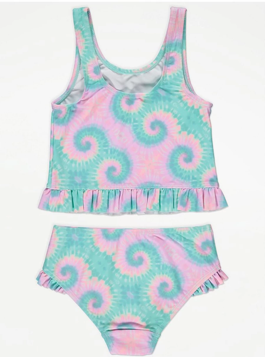 "Girls' Aqua Swirl Tie-Dye Frill Tankini Swimsuit | George at Asda"