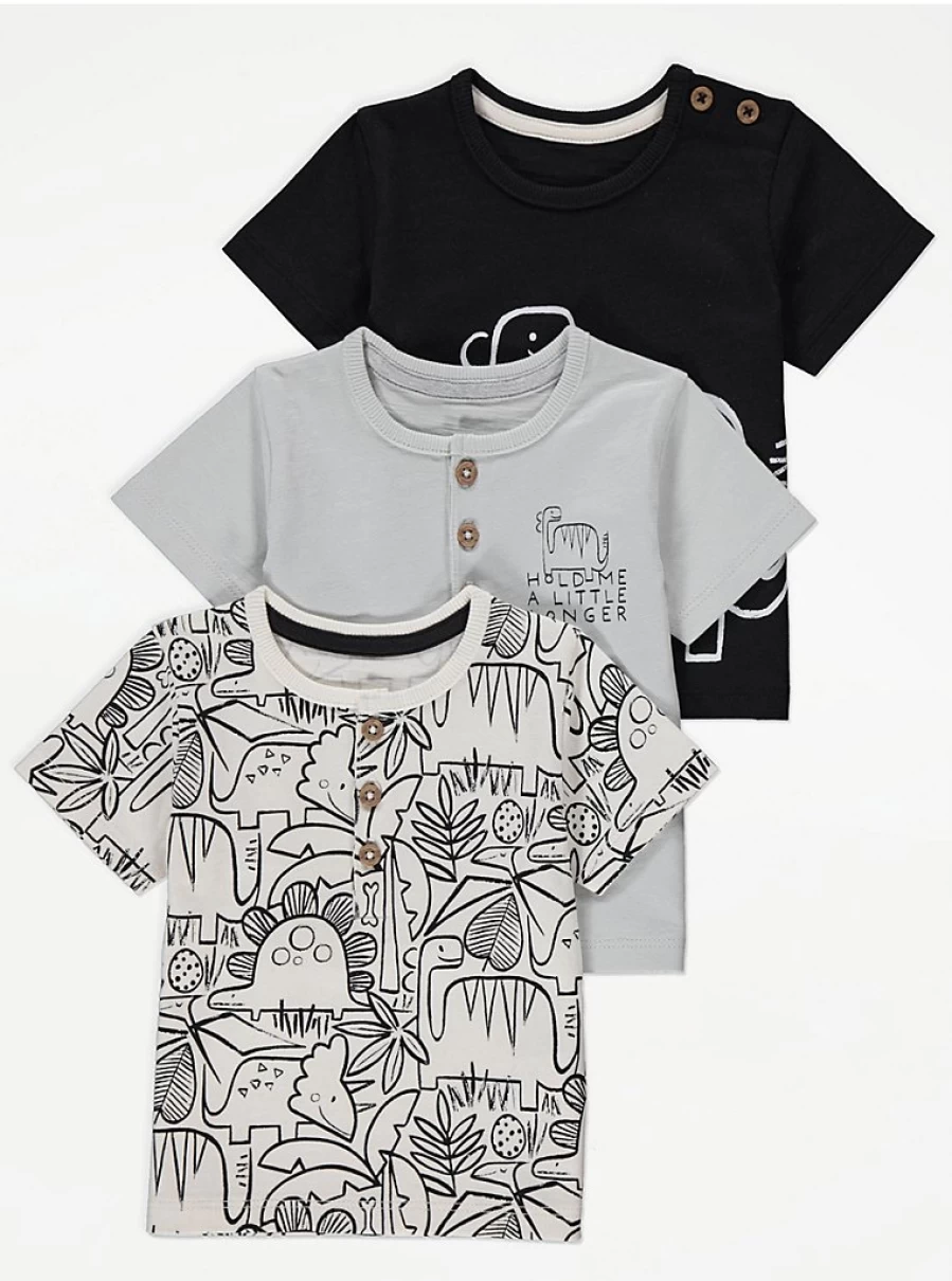 George at Asda Baby Boys' Dinosaur Print 3-Pack T-Shirts with Button Detail