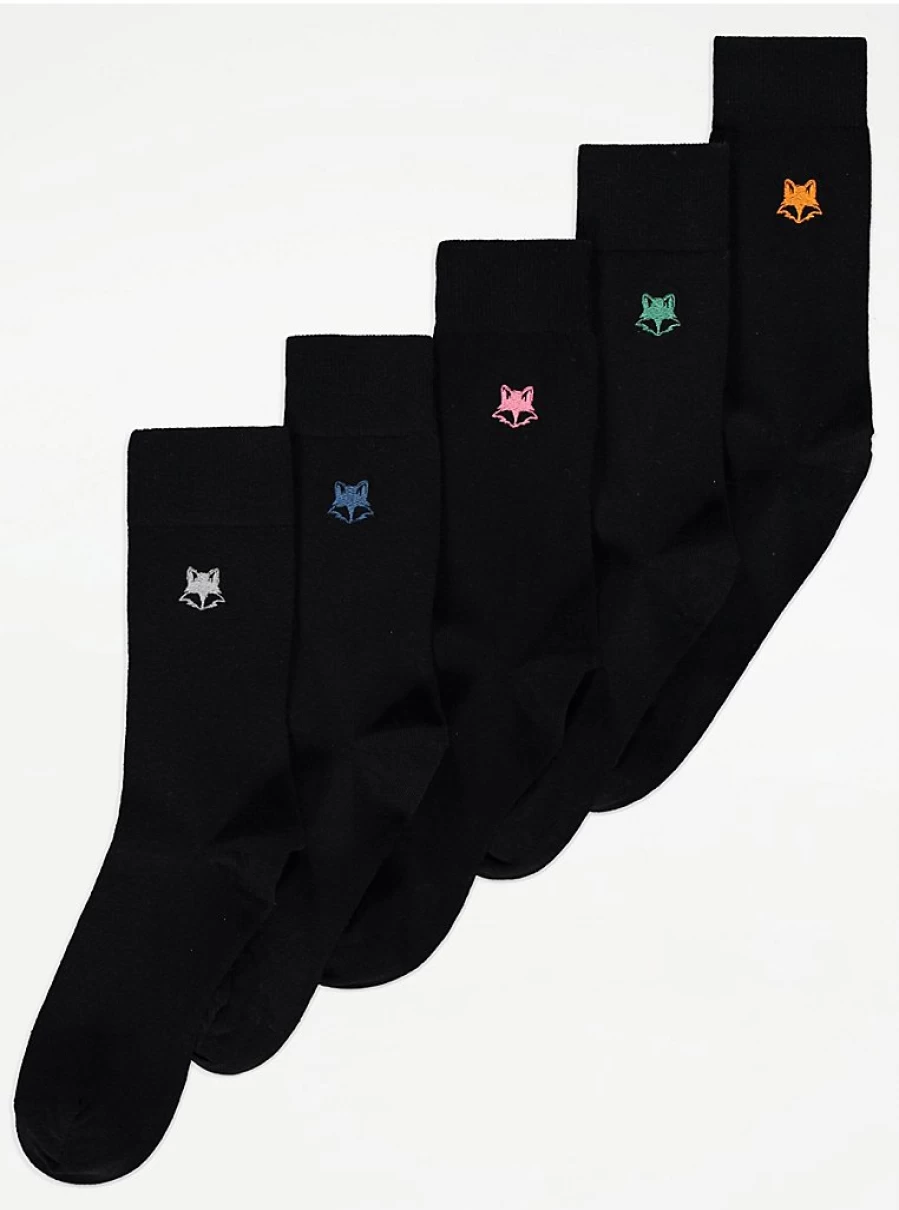 "George at Asda Men's Black Embroidered Fox Socks 5-Pack – Comfort & Style"