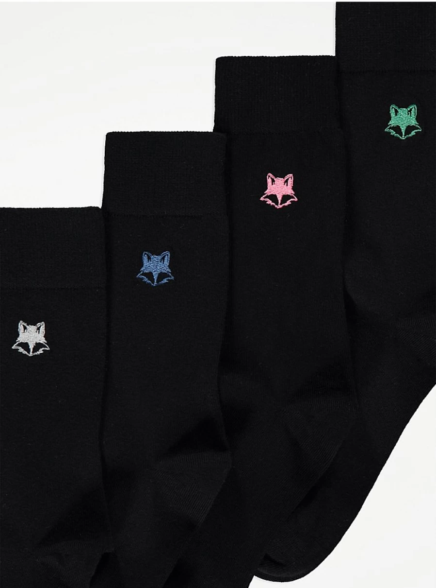 "George at Asda Men's Black Embroidered Fox Socks 5-Pack – Comfort & Style"