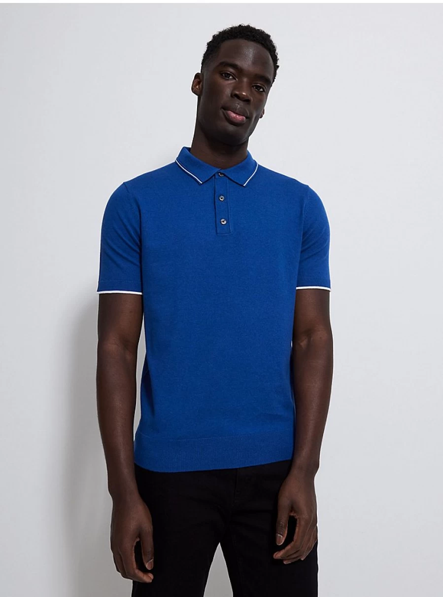 Men's Blue Short Sleeve Knit Polo Shirt | George at Asda | Comfort Fit Casual Top