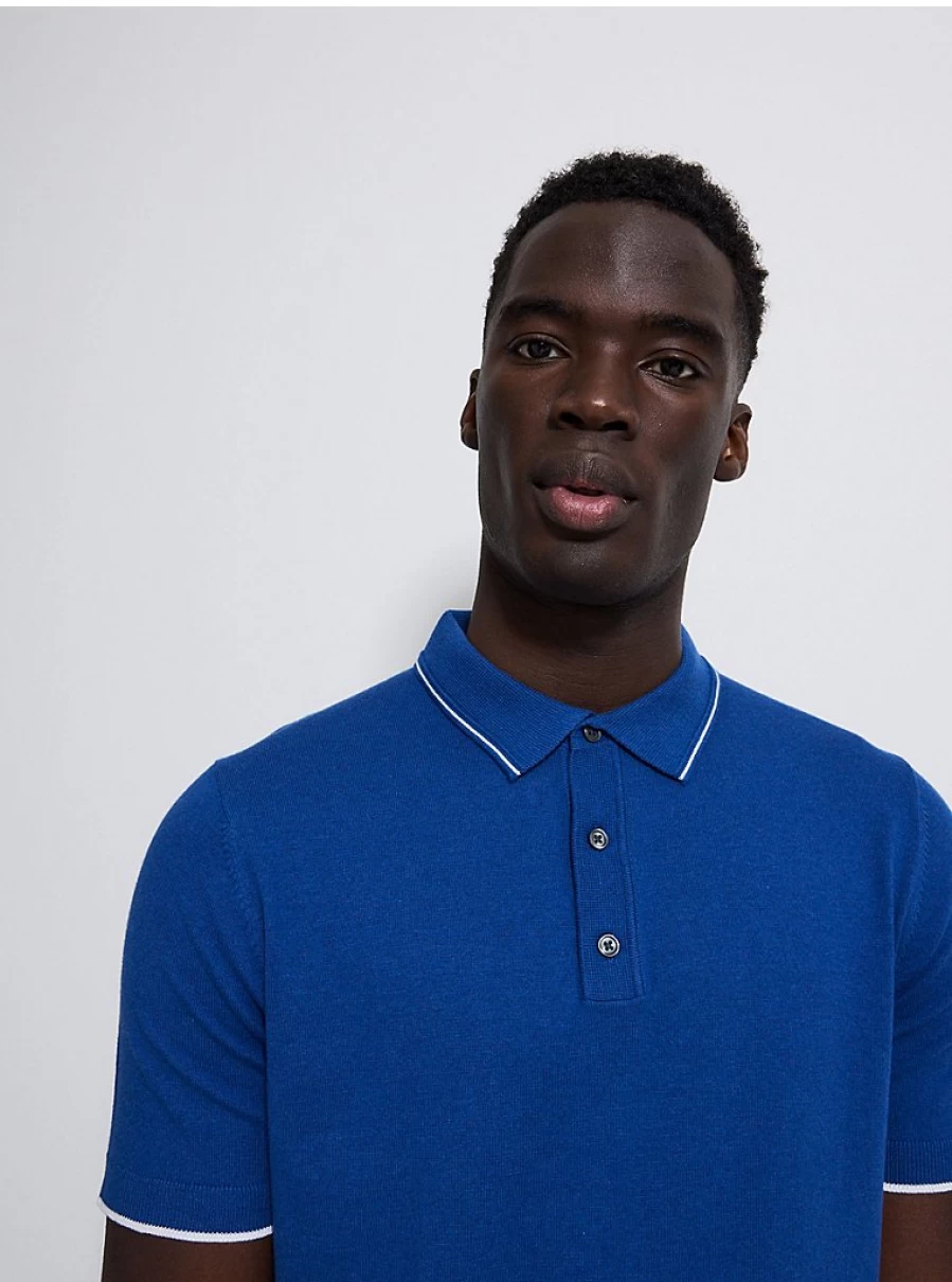 Men's Blue Short Sleeve Knit Polo Shirt | George at Asda | Comfort Fit Casual Top