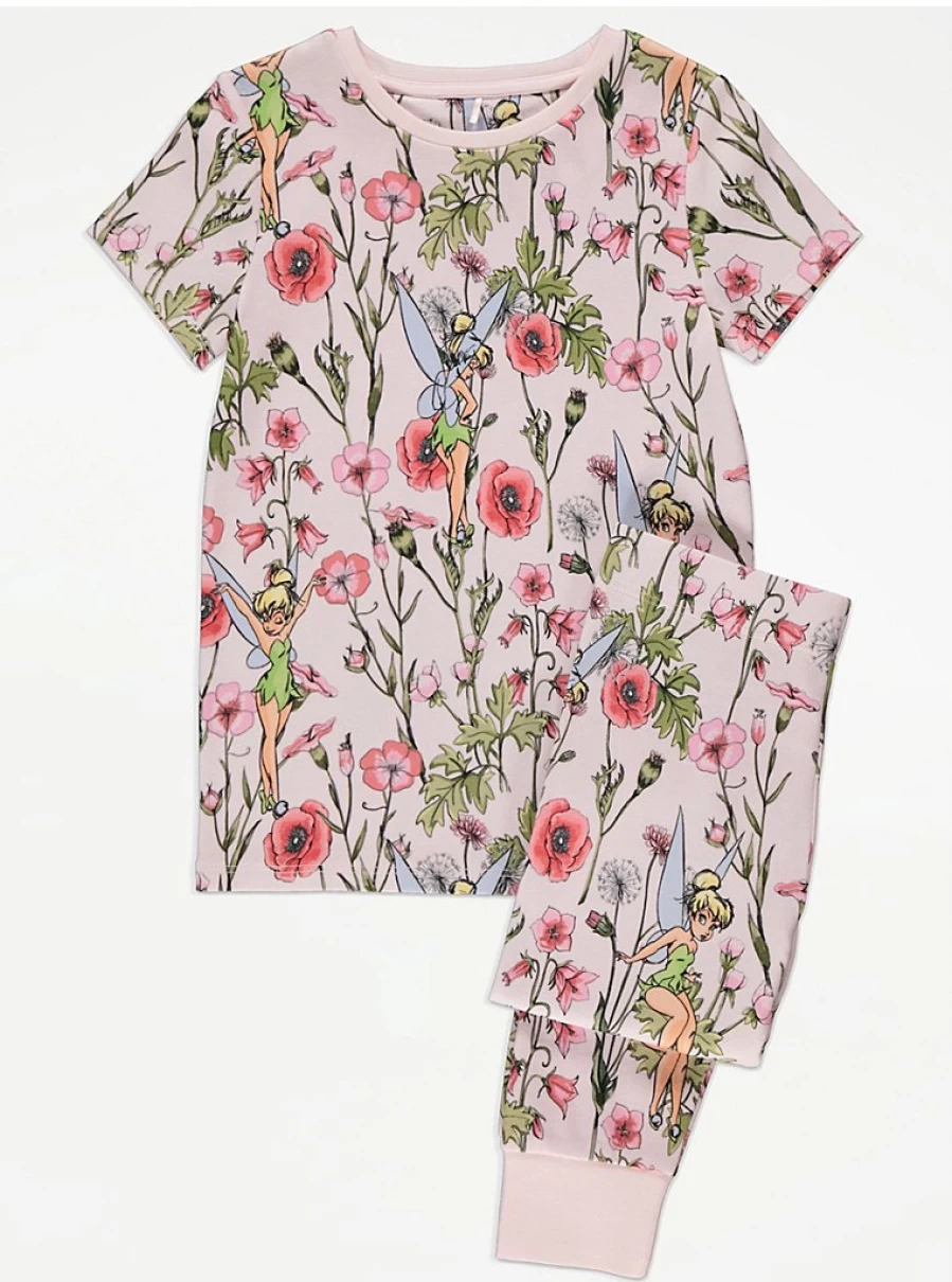 "George at Asda Kids' Disney Tinker Bell Pink Floral Short Sleeve Pyjamas – Comfortable & Cute Sleepwear"
