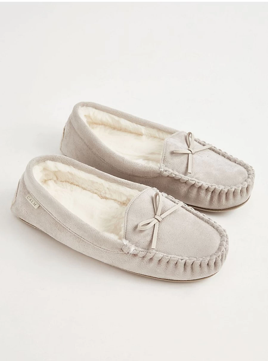 George at Asda Grey Suedette Moccasin Slippers - Soft Indoor Slippers for Women & Men