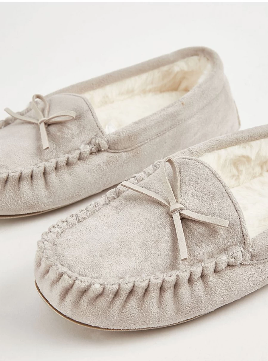 George at Asda Grey Suedette Moccasin Slippers - Soft Indoor Slippers for Women & Men