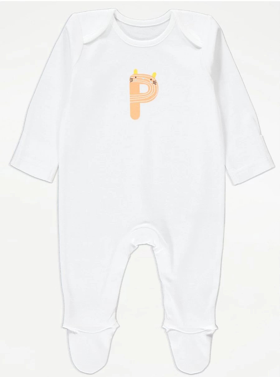 "George at Asda Baby White Animal Letter P Sleepsuit – Comfortable & Cute Sleepwear for Infants"