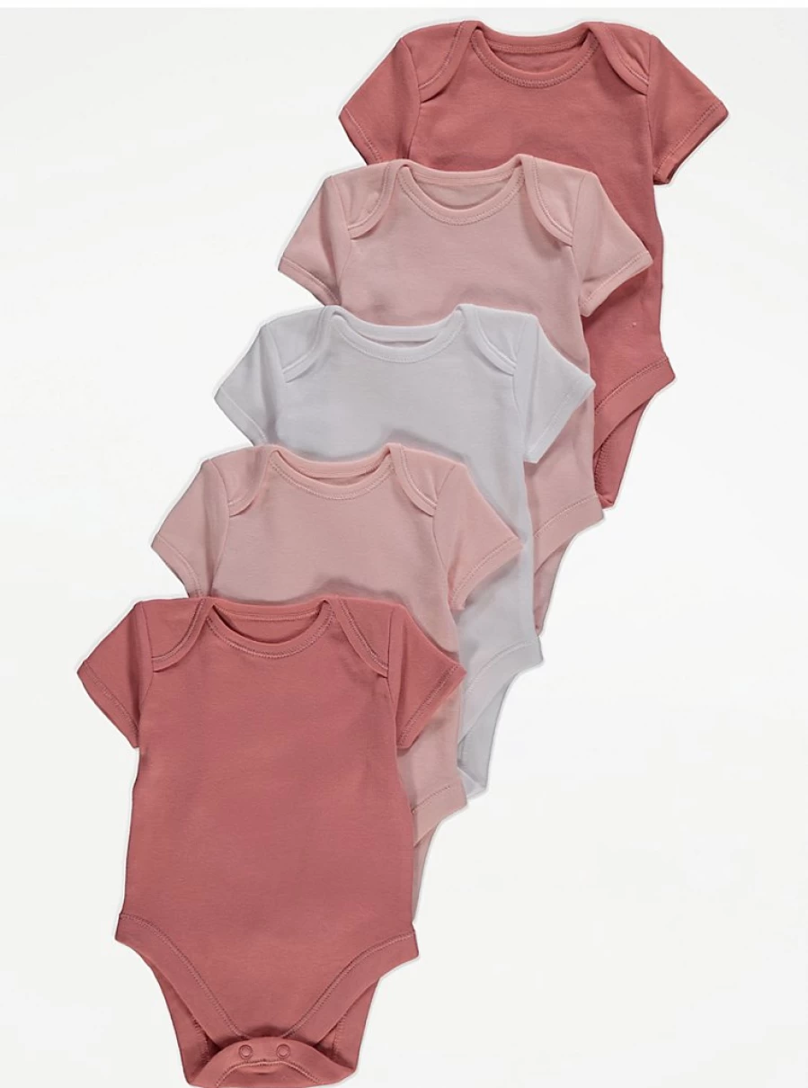 "George at Asda Baby Girls' 5-Pack Pink Short Sleeve Envelope Neck Bodysuits | Soft Cotton Infant Onesies"